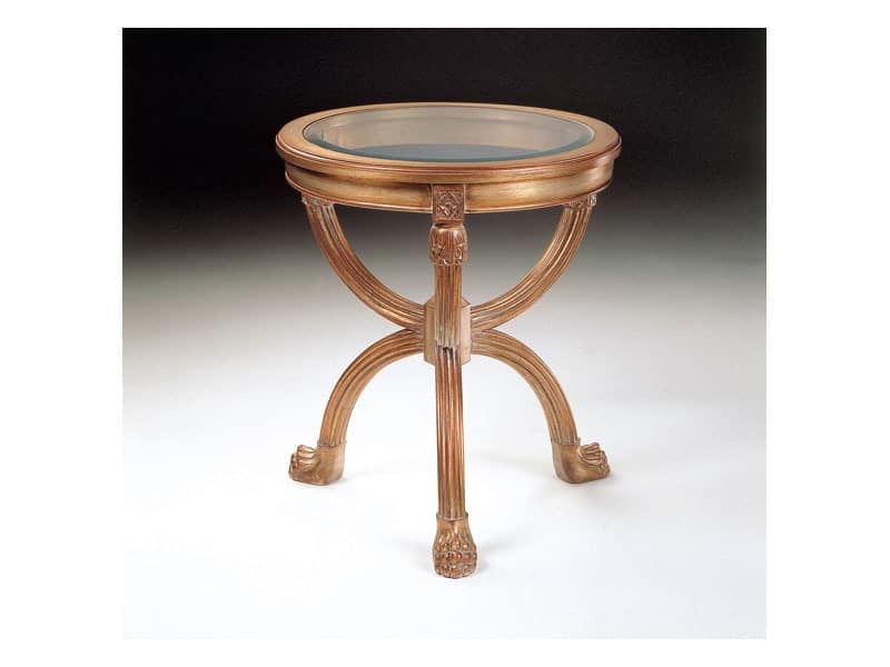 Art. 508 Atlante, Round table carved, glass top, for living rooms
