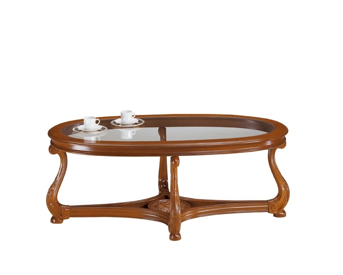 Brianza coffee table oval glass top, Classic style coffee table with glass top