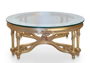 Ginepro, Coffee table in solid gold leaf wood, with carvings, glass top