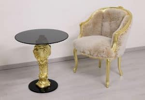 Oscar gold & black, Coffee table with carved beech wood base and round glass top