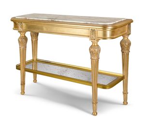 Console 25-1054, Luxurious wooden console in gold finish, with marble top