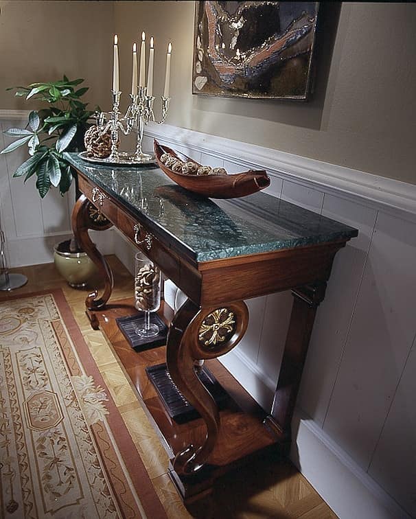 M 401, Classic walnut console, with green marble top