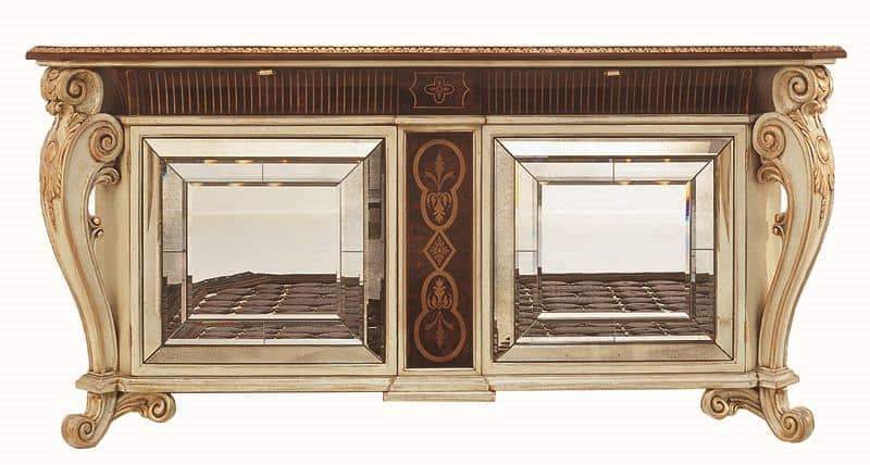 Allnatt LU.0001, Sideboard with carved legs, inlaid top, doors with mirrors from Murano, classical style