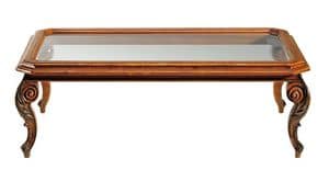 De chirico RA.0686.A, Rectangular coffee table in walnut, glass top, carved legs, for classic environments