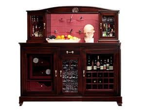 Elodie BR.0010.CU, Wine bar mobile with refrigerator for bottles and cigar humidor, central compartment to hold glasses, metal shelf with two small windows, back covered in leather with pockets
