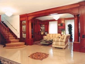 Boiserie with arch 1, Boiserie with wood panels and bookcase in cherry wood