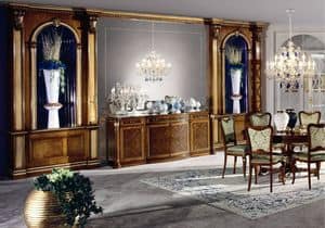 Boiserie with niches, Wainscoting panels of plywood, solid wood frames, for environments in classic luxury
