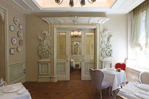 White wooden panelling, White lacquered wood paneling, precious carvings handcrafted, for prestigious  hotels and villas