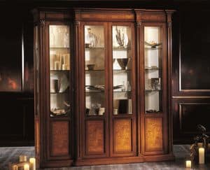 3509, 4 glass doors display cabinet, veneered in walnut and ash burl, for living in classic style