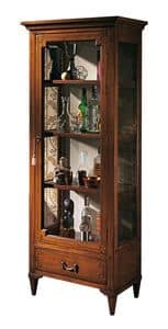 Bourges VS.6528, Walnut crystal display cabinet, with 1 door and 1 drawer, geometric inlays, back in fabric, wooden shelves, for environments in classic luxury style