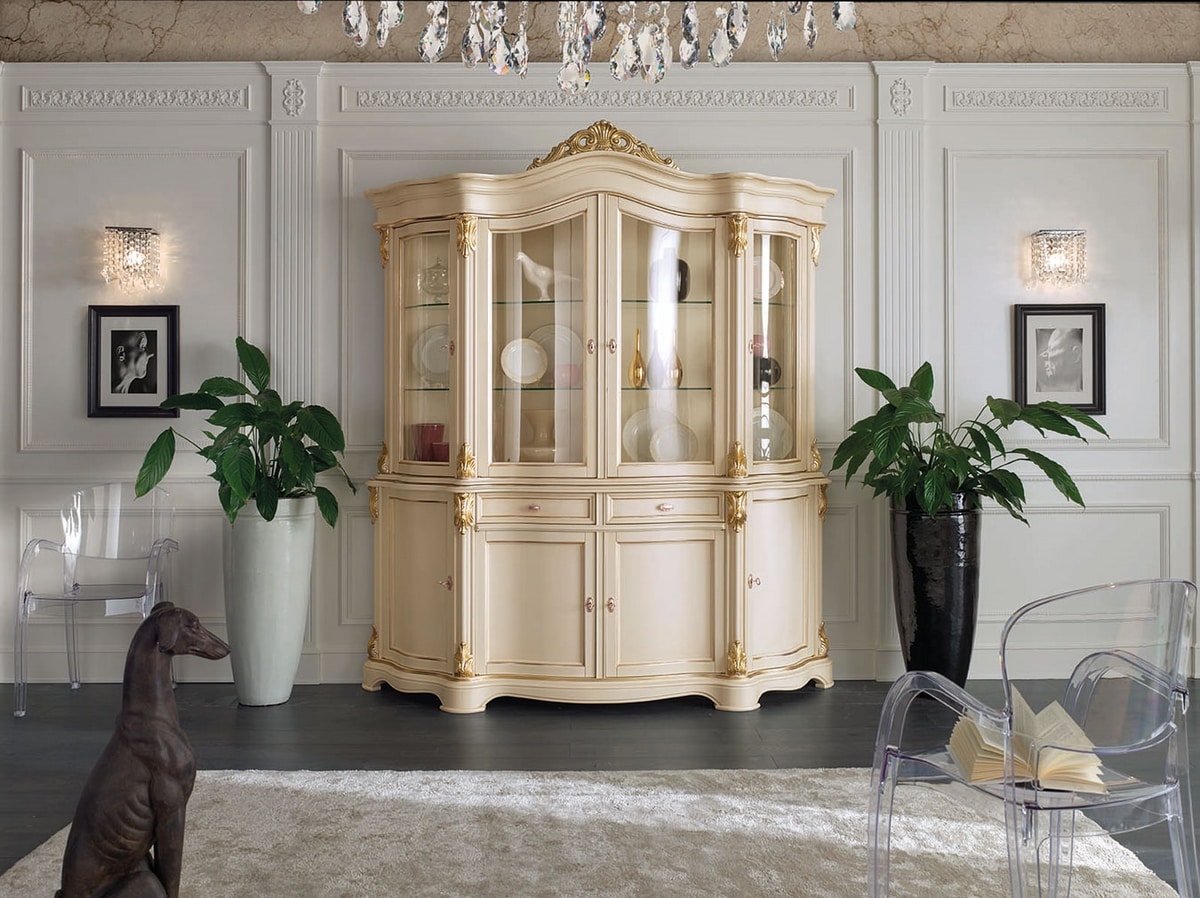 Brianza glass cabinet 4 lacquered doors, Classic glass cabinet, in lacquered wood