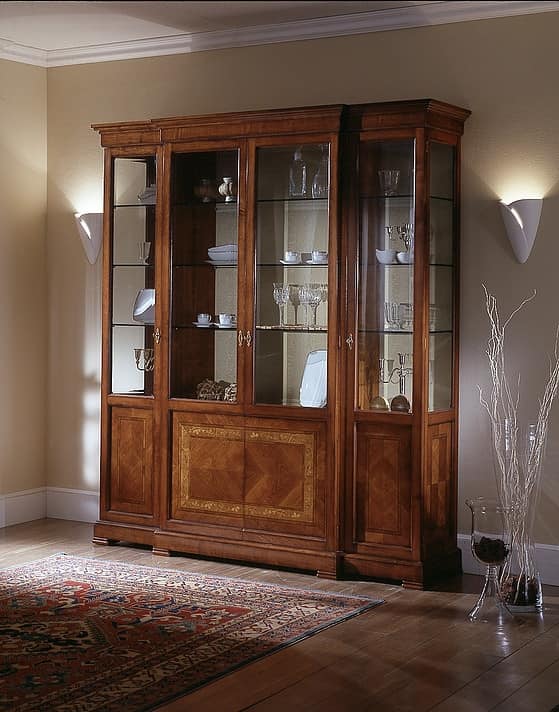 4 Door Display Cabinet With Floral Inlay Glass Shelves Idfdesign