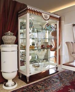 Deco glass cabinet, Showcase with glass shelves, interior lighting