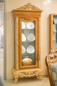 Gold Display Cabinet, Display cabinet with 1 door, in carved wood, for living room