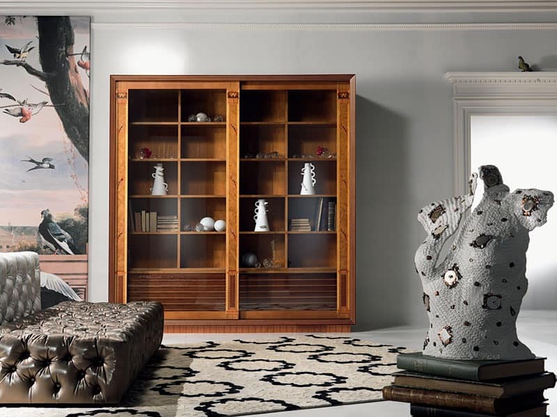 Library display cabinet, with inlay, sliding doors, for living room