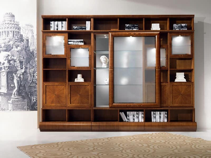 VL27 Pois display cabinet, Modular library display cabinet, in walnut, sliding doors