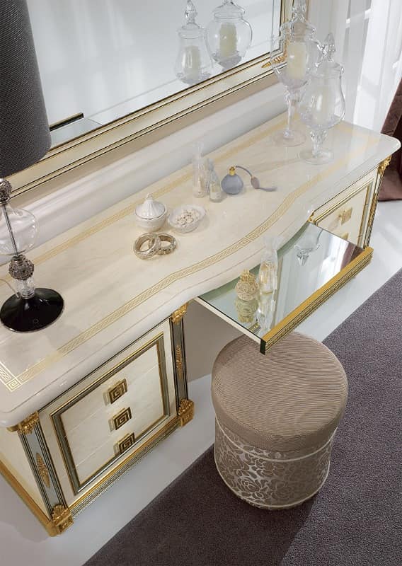 Liberty dressing table, Dressing table embellished with practical pull-out shelf with decorative mirror, classic style and decorated by hand