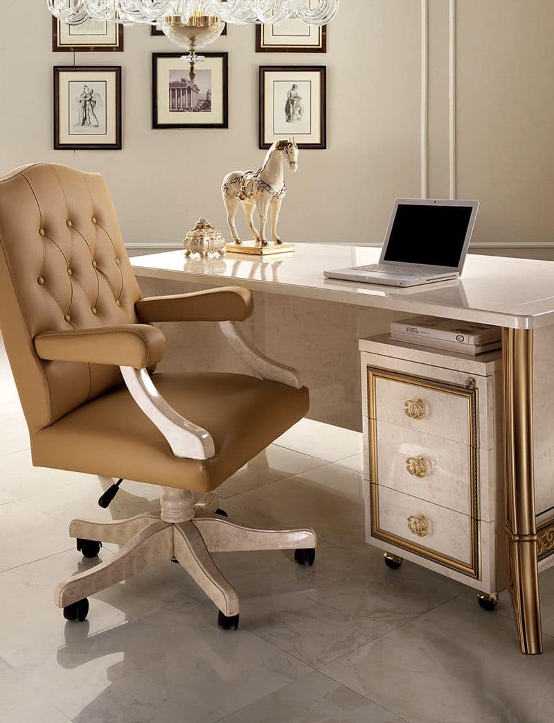 Melodia office armchair, Office armchair in a classic style, base with wheels, upholstered armrests