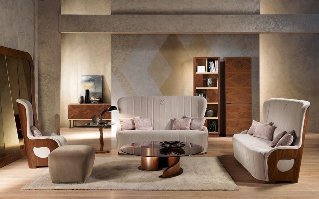 DI38 Galileo sofa, Sofa with walnut frame, upholstered, for house
