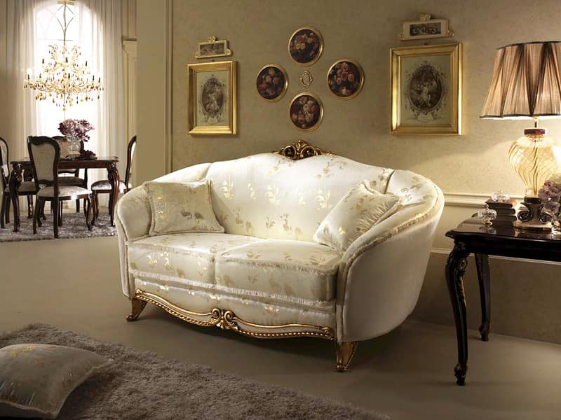 Donatello sofa, Sofa in neoclassical style, decorations in hand-carved wood, for sitting room