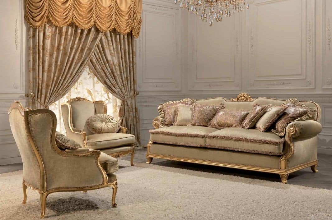 Luxury, 2 seats classic sofa, gold leaf finish, for living room