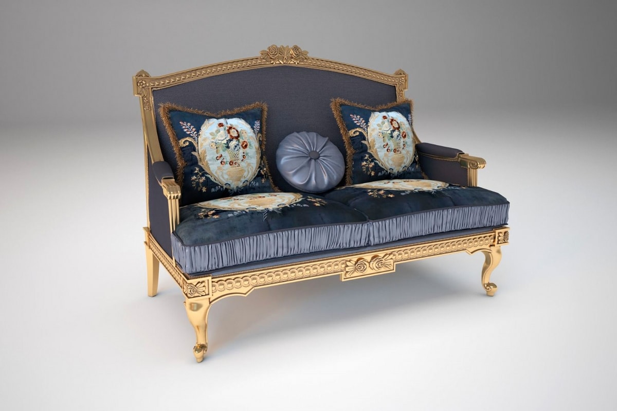 Margot sofa, Gold finish sofa, with floral carvings