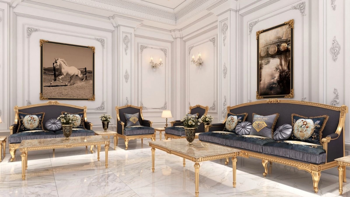 Margot sofa, Gold finish sofa, with floral carvings