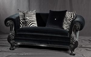 Queen black fabric, New Baroque style sofa, in carved black lacquered wood
