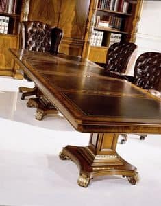 1069, Fixed rectangular conference table, with leather top, 2 pedestals, veneered in walnut and ash, for classic-style environments