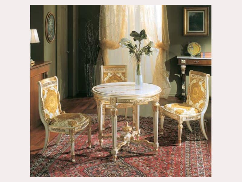 3280 TABLE LUIGI XVI, Round table with faux marble top, in hand-carved wood