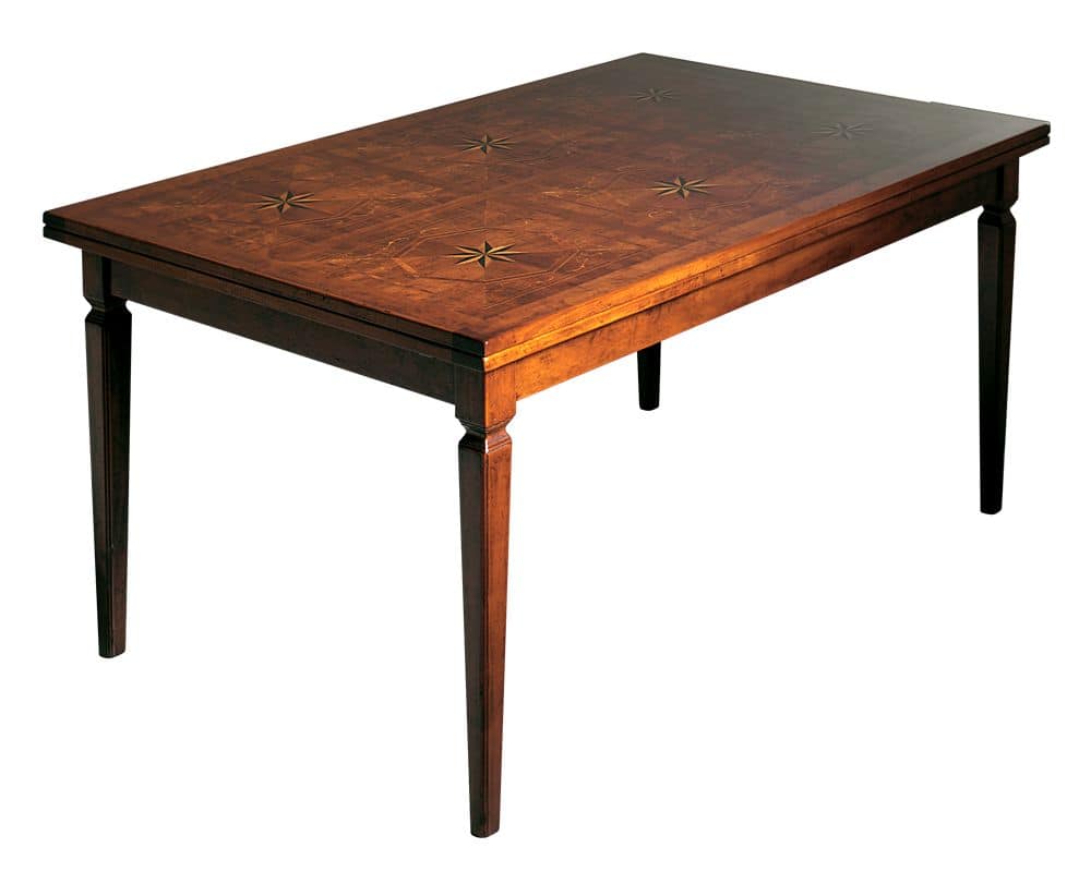 Lauret VS.5514.B, Walnut rectangular extendible table, inlaid top, for dining rooms in classic luxury style