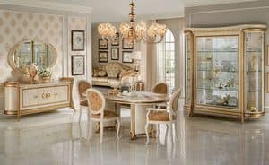 Melodia sala da pranzo, Dining room in classic style, with display cabinets, sideboard, table and chairs