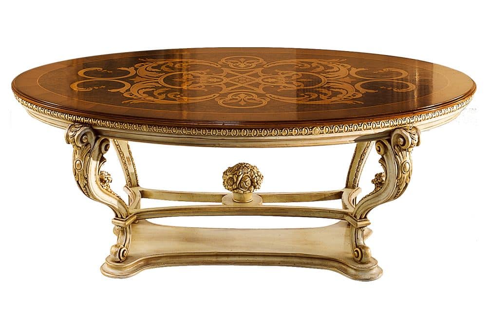 Pumpkin LU.0676.A, Oval table with inlaid top and carved base, for living rooms in classic style
