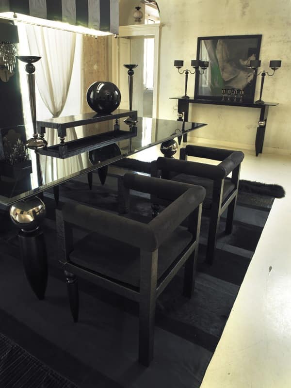 Rettangolo, Classic table with glass and wood floor, decorated legs