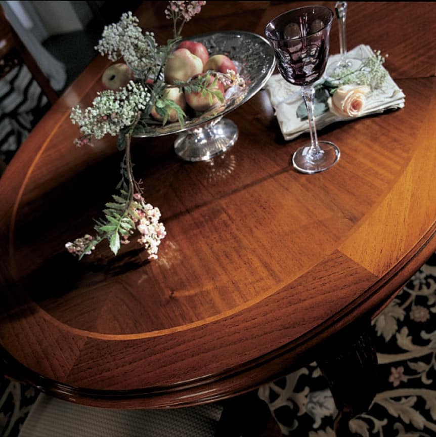 Settecento oval table, Extendable oval table, inlaid with herringbone
