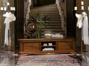 Art. 1752 C60 Vivaldi, Long tv stand, in carved wood, for luxury living rooms