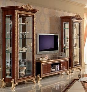 Giotto TV cabinet 02, Classic tv cabinet with side display cabinet, with golden decorations