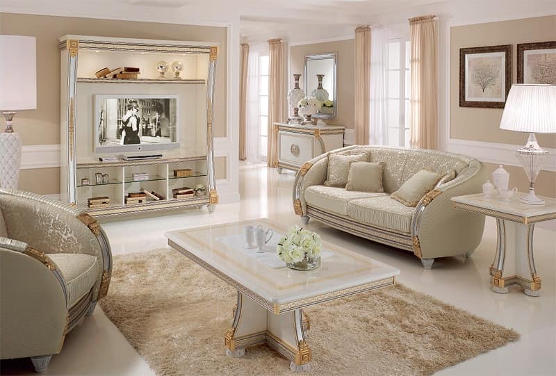 Liberty wall unit, TV wall with classic lines, ideal for decorating luxury living rooms, with details in gold leaf