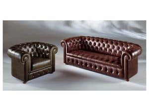 Chester, Sofa and armchair with quilted backrest, in leather