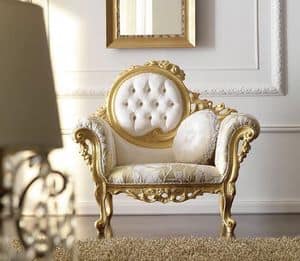 Doroteo 483 armchair, Luxurious hand-carved armchair, tufted backrest upholstered in fabric, gold finish