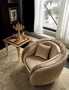 Rossini poltrona, Overstuffed armchair with gold fittings, contemporary classic