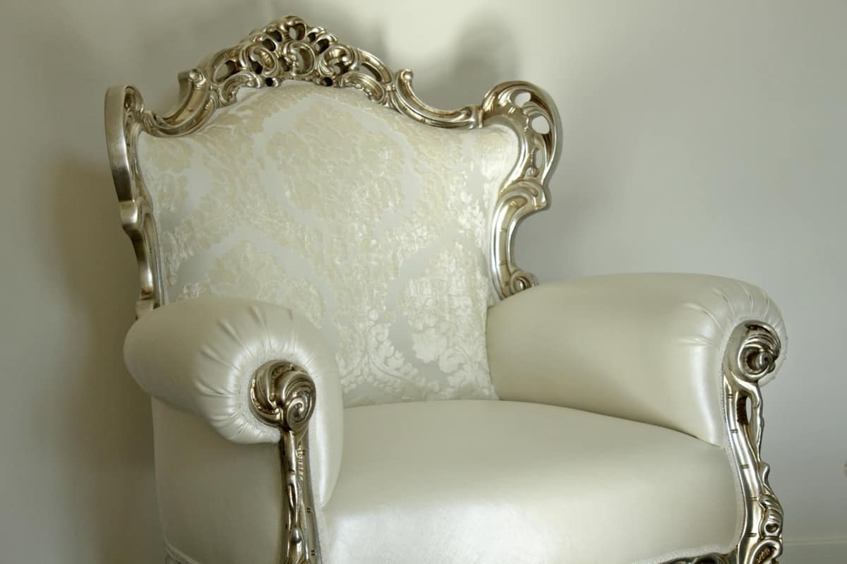 Stradivari fabric, White lacquered armchair, leather, new Baroque style
