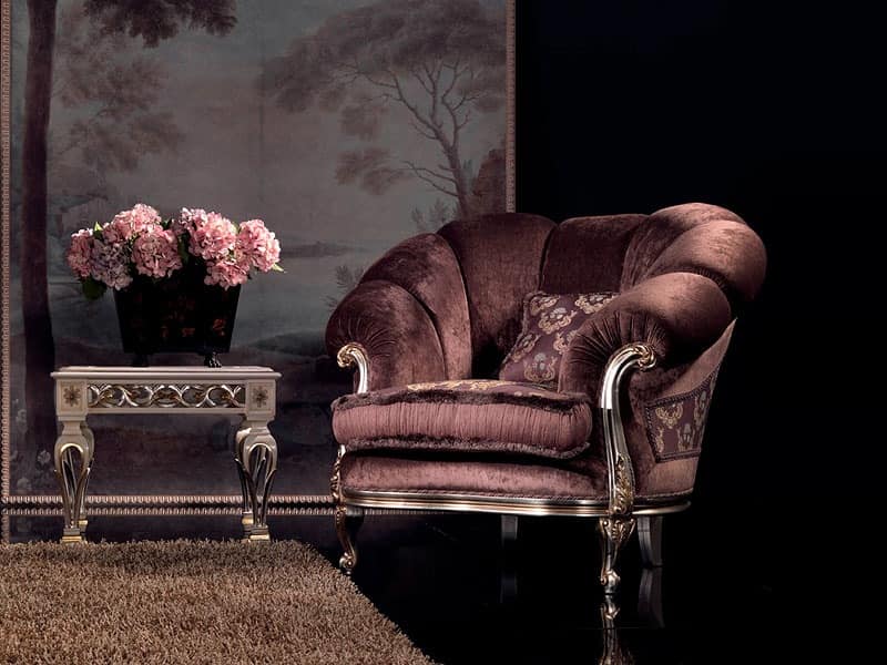 Valeria armchair, Velvet armchair, finish in silver, for luxury living room