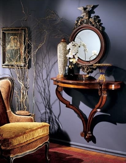 Console mirror 863, Round Mirror with decorated wooden frame