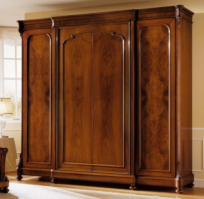 D'Este wardrobe wood door, Luxury walnut wardrobe, with 4 doors, wax finish