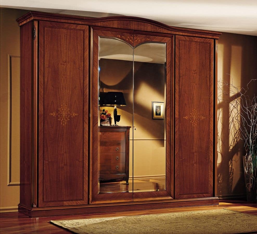 Praga wardrobe, Classic wardrobe, in walnut, with 4 doors, for bedroom