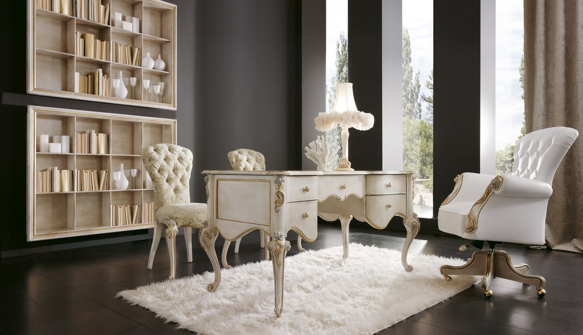 Botero desk, Classic style desk in pearl white wood