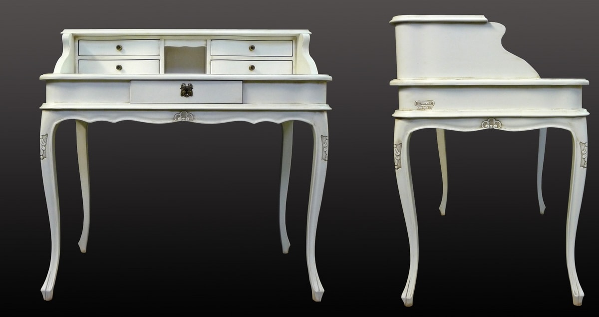 Damiano FA.0033, Baroque desk with 5 drawers and backsplash, small floral decorations on the legs, for studies