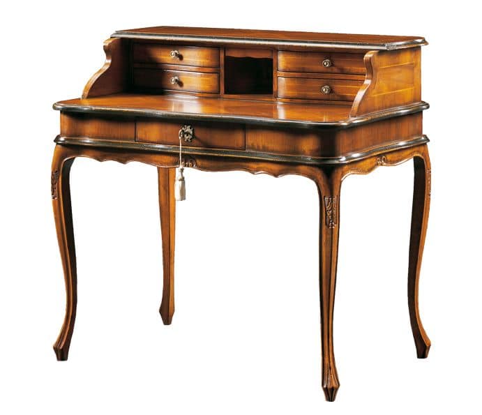 Damiano FA.0033, Baroque desk with 5 drawers and backsplash, small floral decorations on the legs, for studies