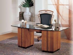 SO24 desk, Desk with glass top, medallions inlaid in cherry